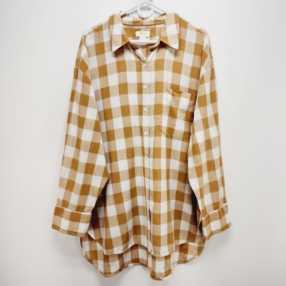 🍁Maeve Brown and White Plaid Button-Up Shirt - Picture 1 of 15